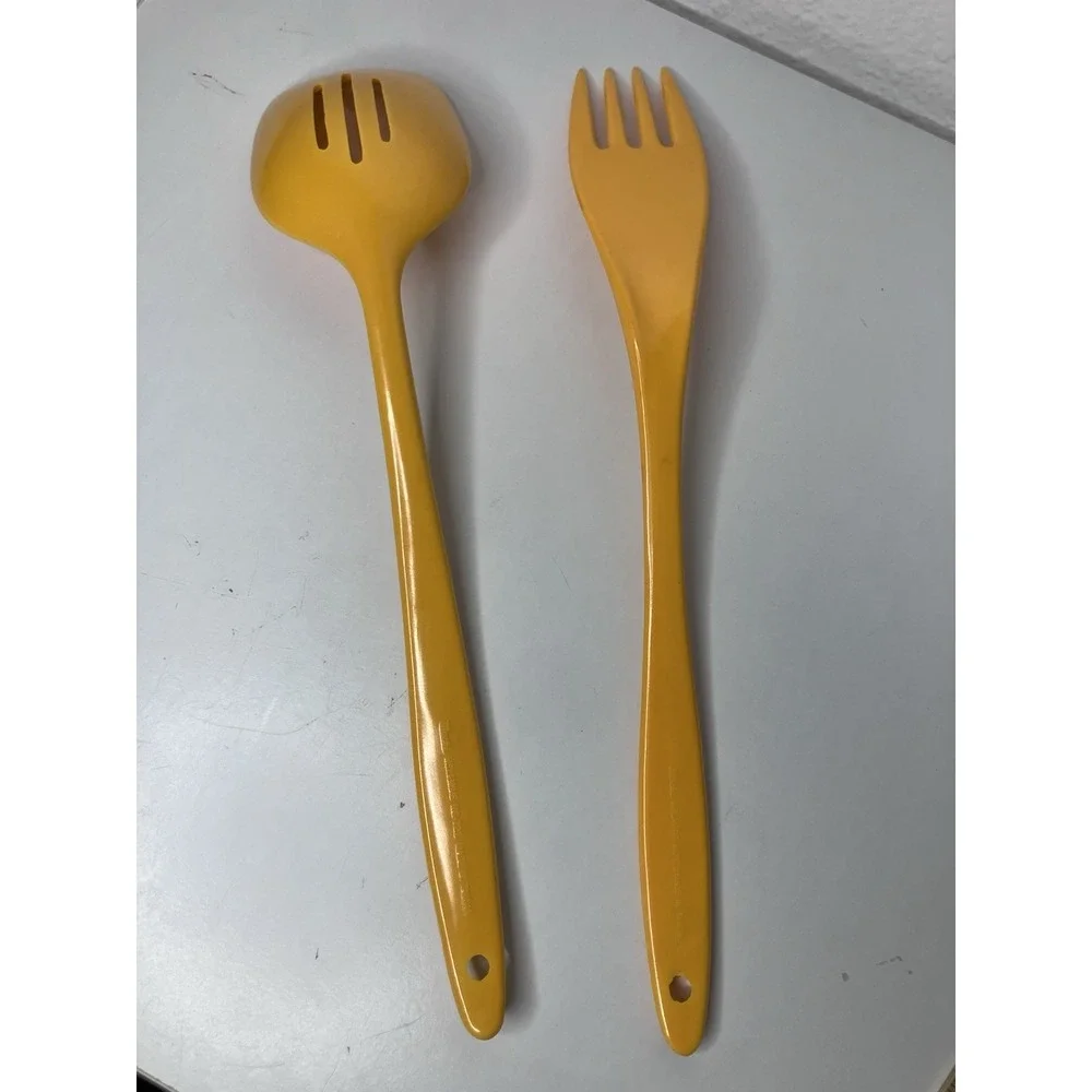 Vintage Machi Melamine Utensils Serving Fork & Slotted Spoon Gold Color Taiwan